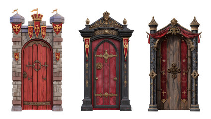 collection of medieval royal door designs with royal flags isolated on white background