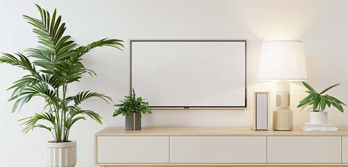A stylish TV cabinet with a TV mockup displaying a white screen, accessorized with a lush green plant in a pot and a sleek lamp, against a crisp white wall background