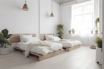 Minimal bedroom interior in light colors with two wooden beds with pillows, cozy furniture.