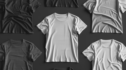 A portfolio of minimalist blank shirt mockups, including a spectrum of greyscale shades from white to black, both front and back views detailed for designers. 