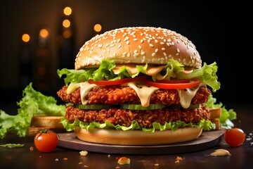 Burger, hamburger or cheeseburger on a dark background. Concept of American fast food.