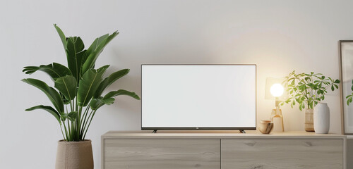 A stylish TV cabinet with a TV mockup displaying a white screen, accessorized with a lush green plant in a pot and a sleek lamp, against a crisp white wall background