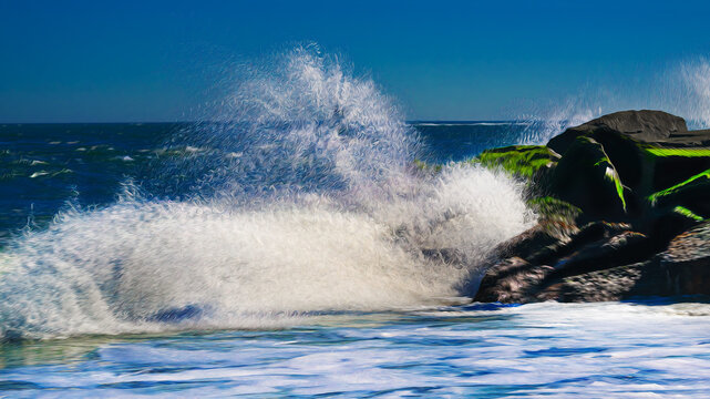 Nine images of this wave crashing on the rocks were combined, along with an Oil Painting Effect, to create this Firework Explosion of Water at Ocean City MD.
