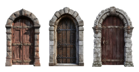 collection of medieval dungeon fantasy stone door designs isolated on white background