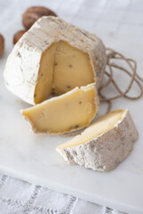 Italian hard cheese truffelino romano with black summer truffles mushrooms close up