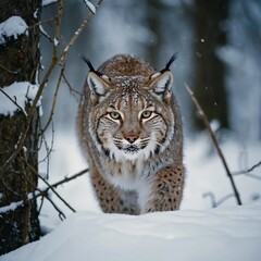 Obraz premium Winter wildlife. A face-to-face walk with a lynx. 
