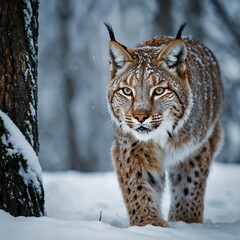 Obraz premium Winter wildlife. A face-to-face walk with a lynx.
