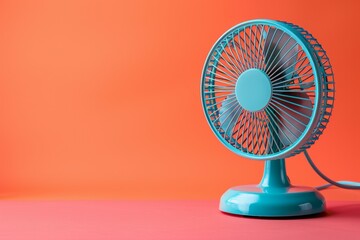 A blue fan sits on a red background. Summer heat concept