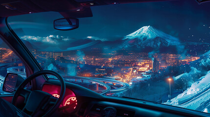 Nighttime Journey - Futuristic City and Mountain View from Car