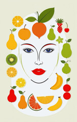 Illustrative depiction of a female face framed by fruits and vegetables for healthy nutrition and healthy skin