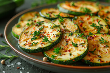 A plump zucchini is sliced into thin rounds and sautéed with garlic and herbs, creating a flavorful side dish. Concept of versatile vegetables in culinary creations. Generative Ai.