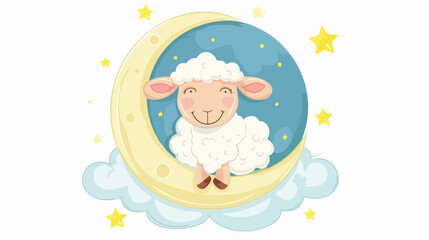 Cartoon cute sheep sitting on the moon flat vector isolated