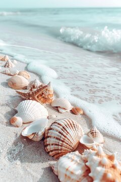 a beach scene featuring beach sand and seashells, in the style of light white and sky-blue, ferrania p30, serene visuals, ad posters, vibrant stage backdrops - generative ai