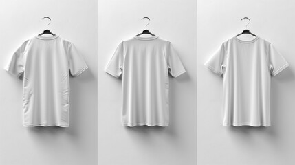 A sleek presentation of modern t-shirt mockups, each front and back side visible in full detail, floating on an all-white backdrop to emphasize texture and fabric quality. 