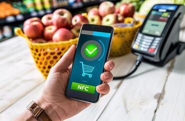 A person using the NFC technology of their smartphone to make payment in a store or business through POS. Technology concept, NFC and payment methods.