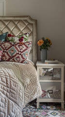 A snug eclectic bedroom featuring a quilted velvet headboard, a mix of geometric and floral throw pillows,