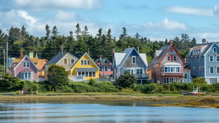 A charming seaside village with colorful cottages lining the waterfront, their weathered facades and quaint charm reminiscent of a bygone era.