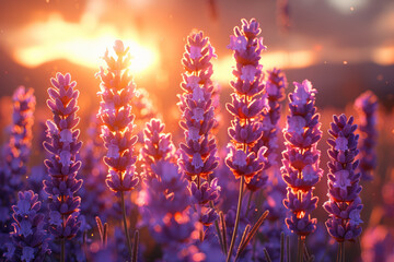 A cluster of fragrant lavender blooms in a sun-kissed meadow, their soothing scent perfuming the air with tranquility. Concept of aromatic serenity and herbal healing. Generative Ai. - obrazy, fototapety, plakaty