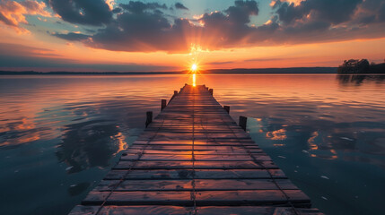 A wooden pier is seen in front of a body of water. AI. - obrazy, fototapety, plakaty