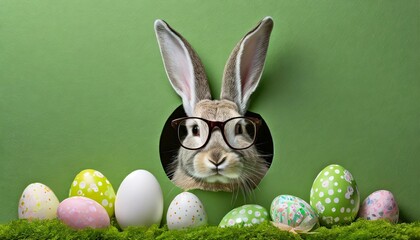 Fototapeta na wymiar Easter Bunny wearing glasses peeking out of a hole with colorful Easter eggs on a Green wall banner., AI Generative 