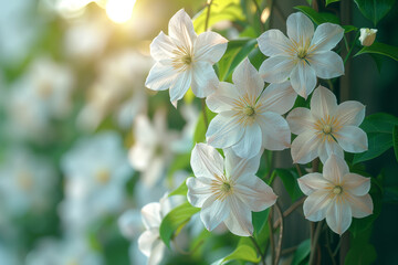 Obraz premium A tangle of delicate clematis climbs a trellis, its starry blooms adorning the garden with their ethereal beauty. Concept of graceful elegance and botanical grace. Generative Ai.