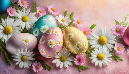Obraz na płótnie Canvas Colorful Easter eggs with flowers on a pink textured background, perfect for spring projects and Easter cards.