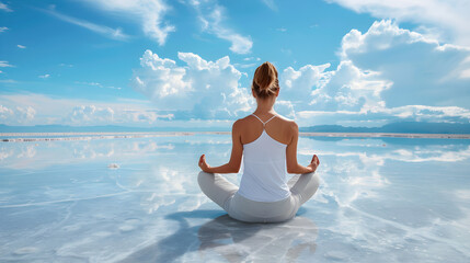 infinity salt lake and sky, sporty woman doing yoga exercise