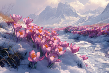 A carpet of vibrant crocuses emerges from beneath a blanket of melting snow, their cheerful blooms...