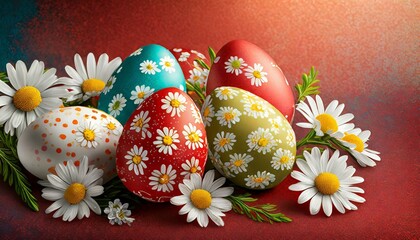 Fototapeta premium Easter eggs with flowers on a red textured background. Copy Space. Great for spring projects & Easter cards.