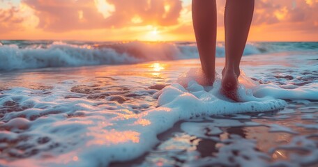 Woman's Feet Meet Sea Waves on Beach at Sunset - obrazy, fototapety, plakaty