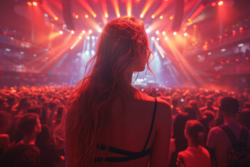 A lively concert venue, where one concertgoer dances energetically to the music, while another...