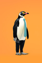 Obraz premium A penguin wearing a tie and holding a cell phone