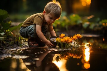 A young boy crouches by a pond at sunset, his hand extended to touch the waters surface. The setting is peaceful and serene, and the boys expression is one of wonder