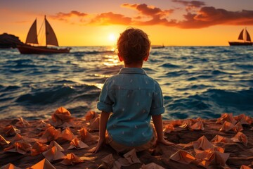 Young boy sits by the shore watching the sunset with paper boats and sailboats in the water. Reflective moment of solitude and melancholy at the beach - Powered by Adobe