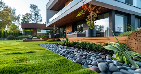 Contemporary Front Yard with Wooden-Trimmed Artificial Grass