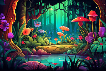 A colorful forest scene with a river running through it