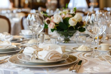 A table with a white tablecloth and a vase of flowers in the center