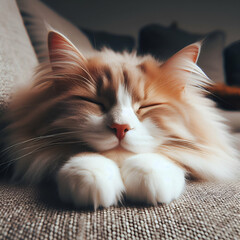 Fototapeta na wymiar Adorable Happy Confident Contented Smart Homely Soft Fluffy Pet Cat laying on Couch Curled Up Facing the Camera Peacefully Sleepy with Eyes Closed Head Lowered Lying Relaxed at Home. Cozy Family Life