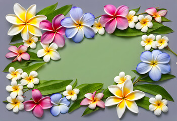 Elegant wonderful border frame of fresh plumeria daisy cosmos and periwinkle flowers