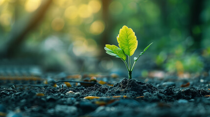 A small green plant is growing in the dirt. AI. - obrazy, fototapety, plakaty