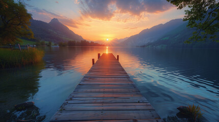 A wooden pier is in front of a lake with a beautiful sunset in the background. AI. - obrazy, fototapety, plakaty