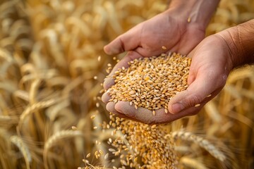 A person is holding a handful of wheat seeds - obrazy, fototapety, plakaty