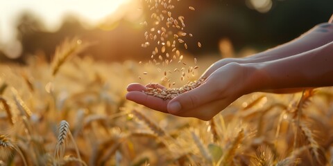 A person is holding a handful of seeds in a field of wheat - obrazy, fototapety, plakaty