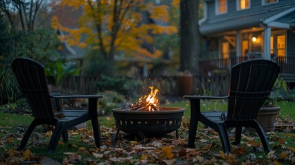 Fototapeta na wymiar Relaxing by the Backyard Fire Pit with Comfy Lawn Chair Seating