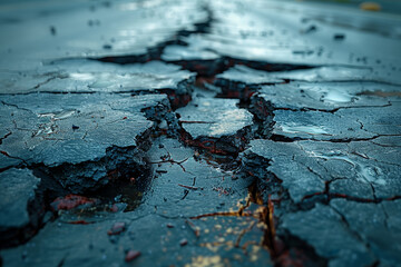 A cracked pavement with tire marks leading off the road, suggesting a vehicular accident or...