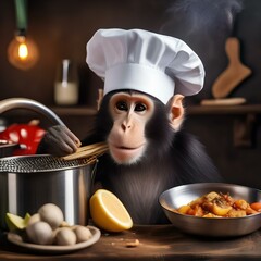 A monkey wearing a chef's hat and cooking up a delicious meal4