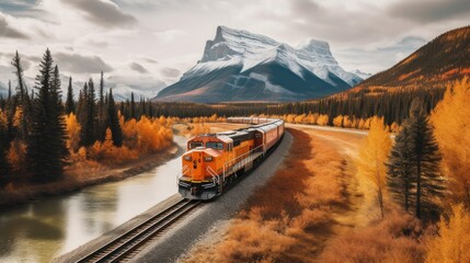 Red long freight train on railway passing through autumn valley with mountain - obrazy, fototapety, plakaty
