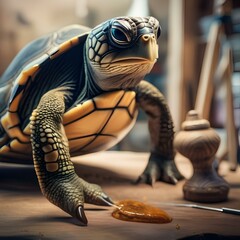 A turtle wearing a painter's smock and creating a masterpiece1