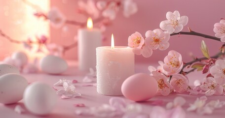 Peaceful Easter Palette. Candle, Pink Table, and Pastel Eggs
