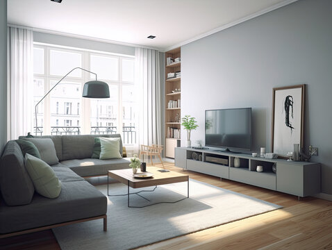 Interior living room with sofa and decorations. Scandinavian design. Generative AI.